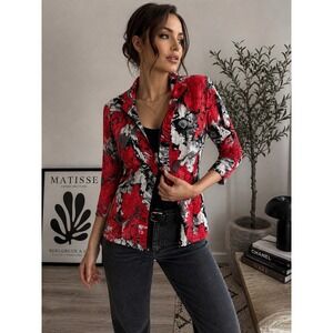 Erin London Abstract Print Jacket Red Black Stretch Zip Front Blazer Women's